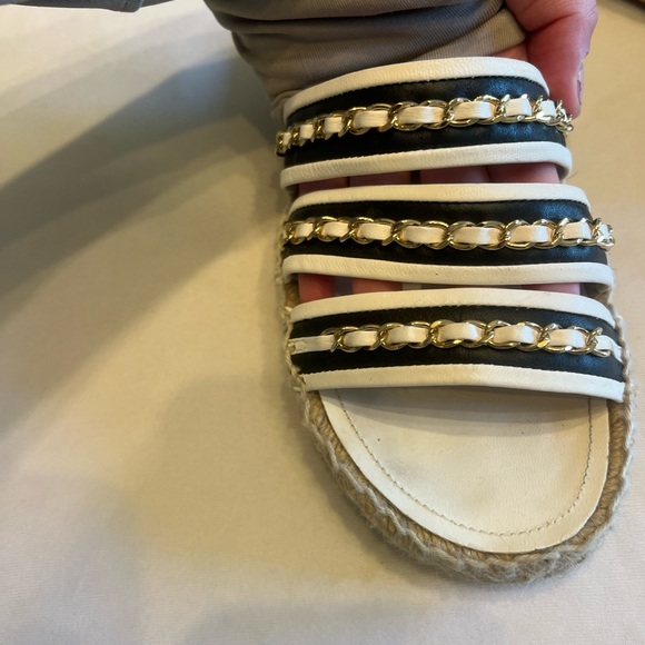 Chanel Gold Chain Espadrille Sandals | Black White Leather | Size 39 - Picture 8 of 10